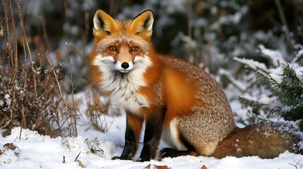 Obraz premium Red fox sitting in the snow looking into the camera