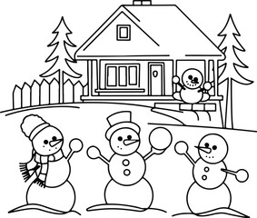 Snowman and House Line Art Silhouette | Winter Holiday Vector Set Minimal Snowman with Home Line Drawing | White Background Silhouette