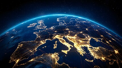 Obraz premium The image shows a nighttime view of Europe from space, highlighting the major cities and their interconnectedness through a network of glowing lines representing communication and transportation rout