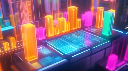 Abstract neon cityscape with glowing 3D bar charts and digital displays.