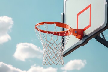 Basketball hoop against a clear blue sky with clouds in the background during daytime
