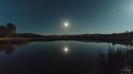 Fototapeta premium A peaceful lake reflecting the moon and starry sky above