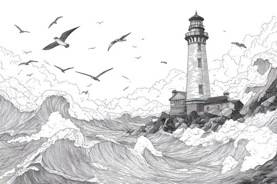 detailed line drawing of lighthouse stands tall amidst crashing waves and soaring seagulls
