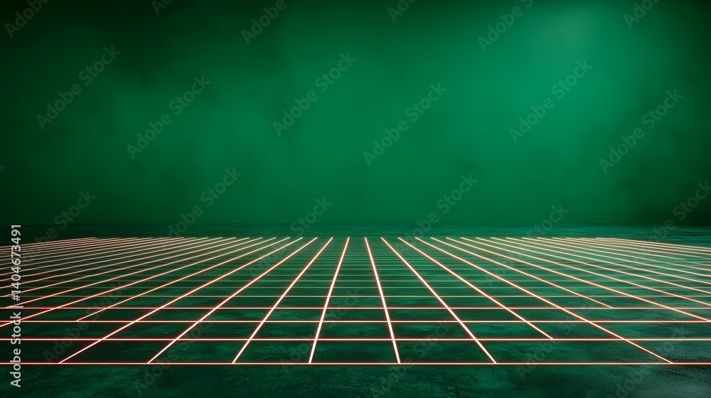 Poster a dark green background features a grid pattern on the ground, created by glowing orange lines formi