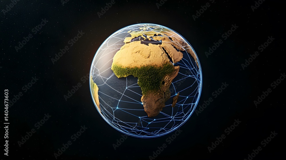 Aufkleber a 3d rendering of planet earth, centered on africa, is enveloped by a glowing network of interconnec
