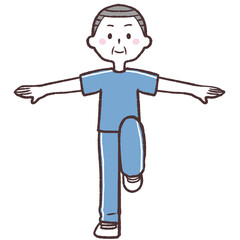 目を開け両手を広げ片足上げするシニア男性全身イラスト