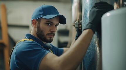 Obraz premium Plumber installing a water heater. Featuring plumbing installation and hot water systems