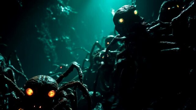 Creepy monsters in the dark. Spooky video clip with apocalyptic atmosphere. 