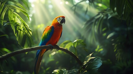 Obraz premium Tropical birds perched on branches in a lush rainforest