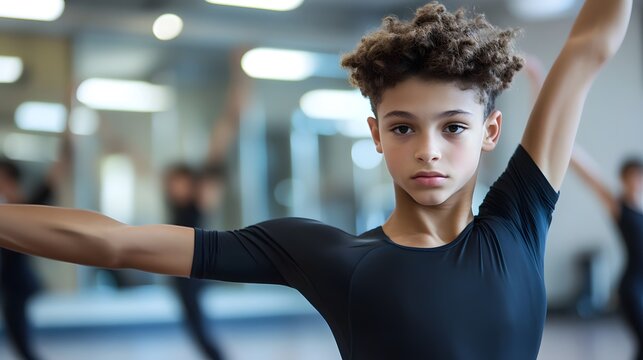A young dancer practicing in a studio with mirrors reflecting their movements