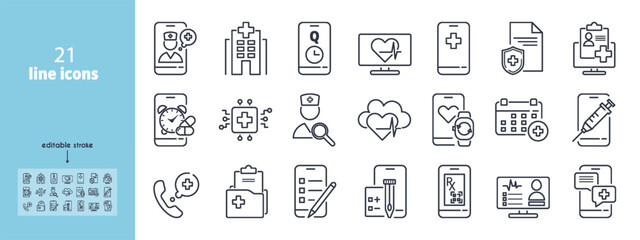 Digital healthcare and telemedicine line icon set: remote monitoring, find doctor, online queue, appointment history, health cloud storage, prescription, medical chat. Editable strokes.