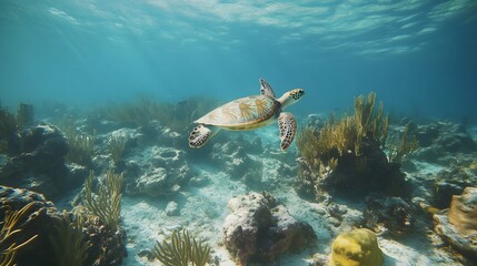 Fototapeta premium Underwater shot of a sea turtle swimming above coral reef, clear blue ocean