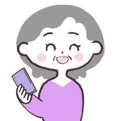 笑顔でスマホを持つシニア女性イラスト