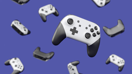 Realistic video game joysticks or gamepads rotating and falling on violet