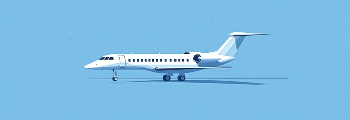 A sleek white airplane is soaring high in the sky against a blue background