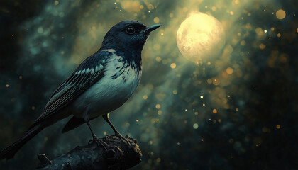 Fototapeta premium Mystical Night Bird Perched on Branch Under Full Moon