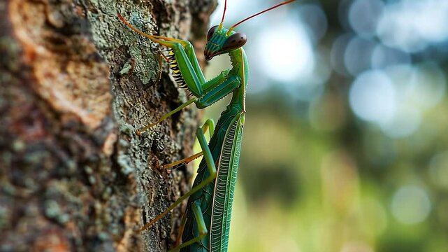 Green Praying Mantis on Tree Bark