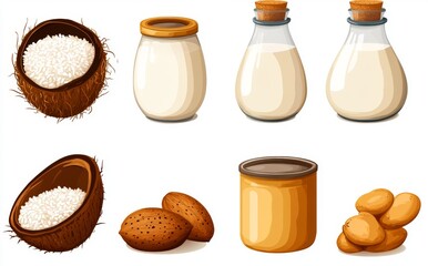 Modern illustrations of natural non-dairy food with lettering, including a collection of vegan milk and alternatives made from almond, coconut, oat, and cashew, presented in bottles and packs of