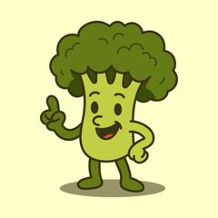 Happy broccoli cartoon character pointing with cute and playful expression
