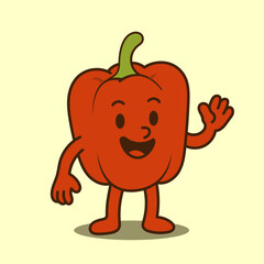Cute red bell pepper cartoon character waving with happy face