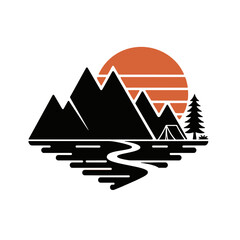 Majestic mountains at sunset with a tranquil river and campsite in the foreground