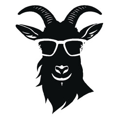 goat wearing sunglasses engraving black and white outline