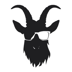 goat wearing sunglasses engraving black and white outline