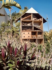Insects wooden house made by volunteers to increase population of bees
