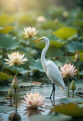 Naklejka premium Graceful Egret Standing Among Blooming Lotus Flowers in Serene Pond at Sunrise