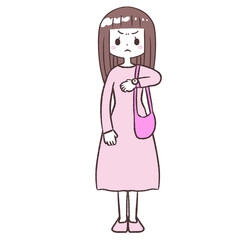 時間にイライラするロング女子イラスト