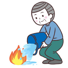 初期消火するシニア男性イラスト
