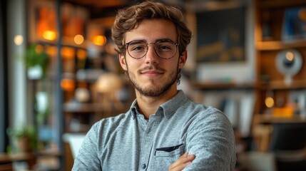 Fototapeta premium Portrait of a Young Man with Confidence in a Cafe Setting