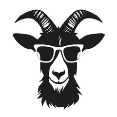 goat wearing sunglasses illustration, goat head and sunglass silhouette vector isolated on white background