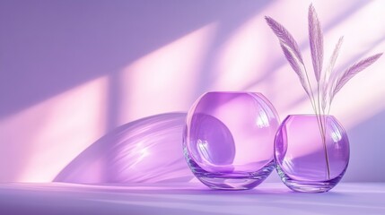 Purple glass vases with dried pampas grass in soft light shadows