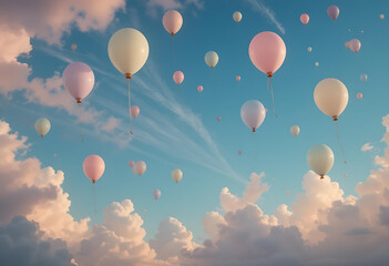 Naklejka premium Dreamy Sky Filled with Pastel Balloons Floating Among Soft Cumulus Clouds