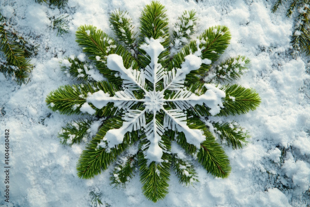 Poster creative snowflake design featuring pine tree patterns and jagged peaks on a snowy background during