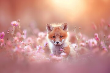 Obraz premium A playful red fox cub sitting in a vibrant field of wildflowers in warm morning light, with detailed fur texture and shallow depth of field effect. Wildlife scene, natural habitat in the background,