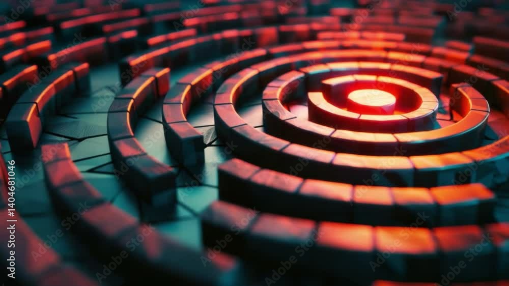 Poster vibrant abstract maze design with concentric circles of metallic blocks, illuminated in red and oran