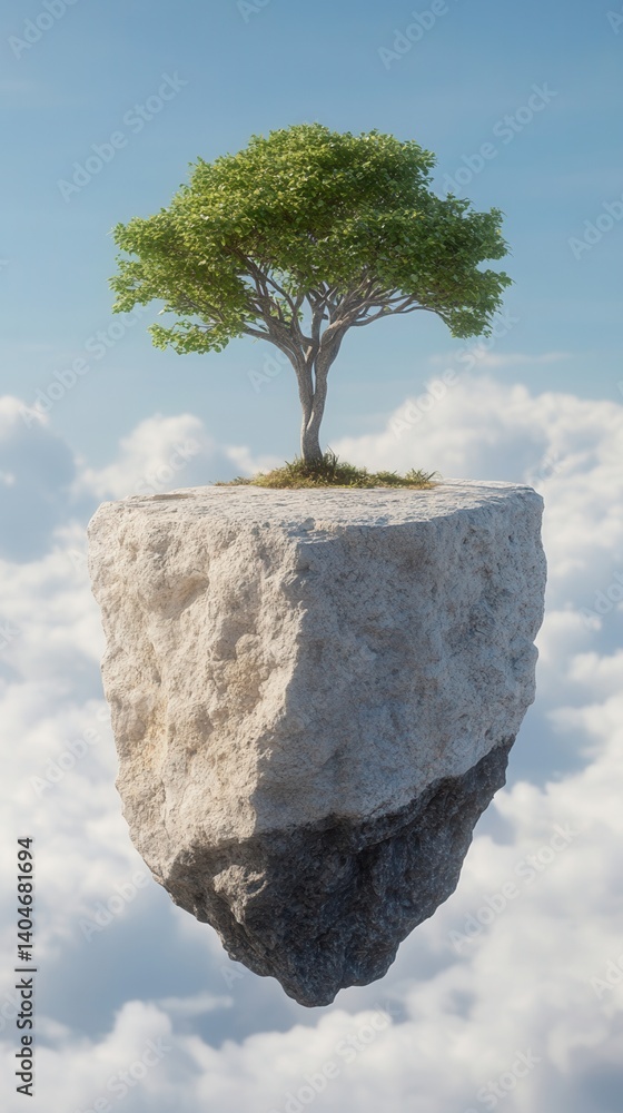 Poster nature conservation concept. a tree grows on a floating rock above the clouds.