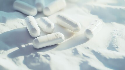 White Capsules on Fine Powder Background Pharmaceutical and Dietary Supplement