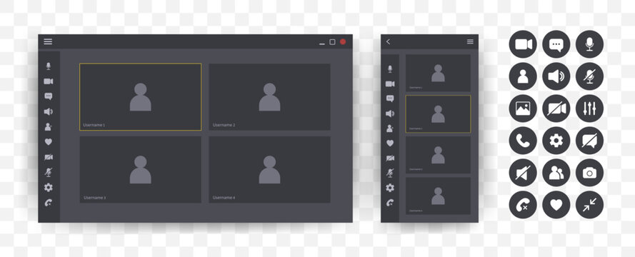 Videocall Interface. Online video chat template with user icon. Virtual meeting screen. Web conference app layout. Flat Vector illustration.