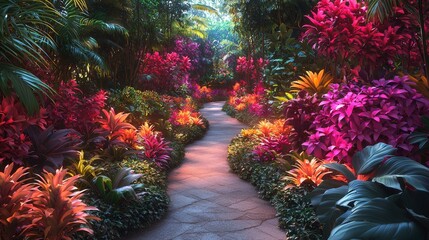 Vibrant tropical garden pathway surrounded by colorful flora