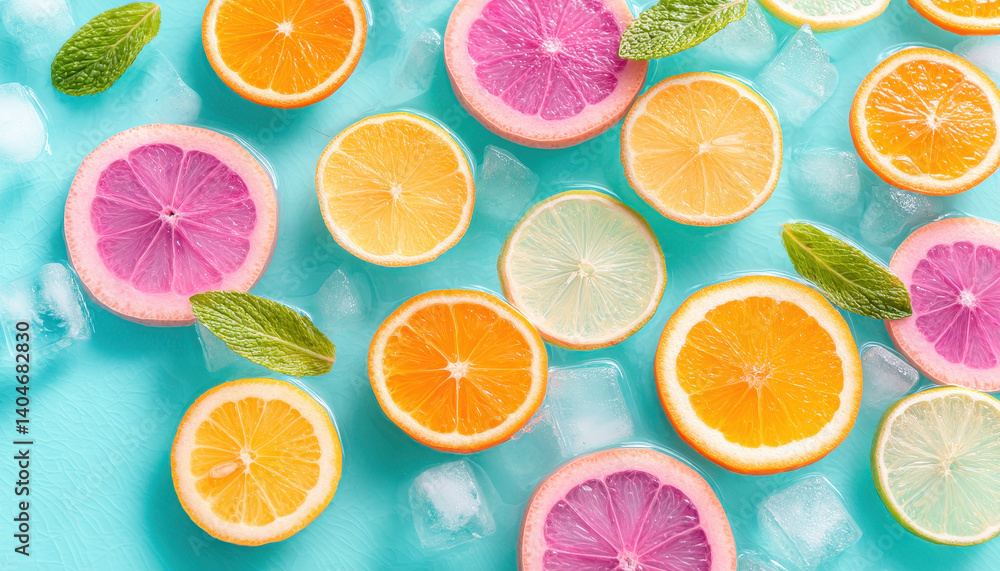 Poster refreshing fruit slices in water with ice cubes create vibrant and colorful display. bright citrus c
