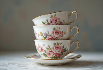 Stacked Vintage Floral Teacups with Gold Trim on a Matching Saucer - Elegant Tea Set