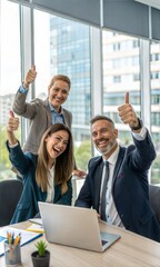 Business professionals giving a thumbs-up, celebrating success, and expressing gratitude in a corporate environment. A positive moment during a recruitment or partnership meeting. (Thank You)