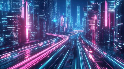 Obraz premium A futuristic cityscape filled with glowing neon lights at night