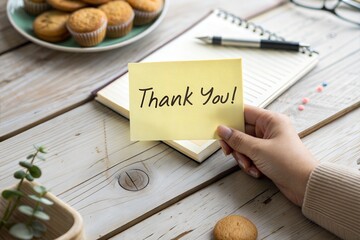 A hand holding a "THANK YOU!" sticky note over a rustic wooden table, evoking a warm and personal expression of appreciation. (Thank You)