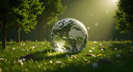 Earth Globe in Green Meadow with Sunlight and Flowers Nature Scene