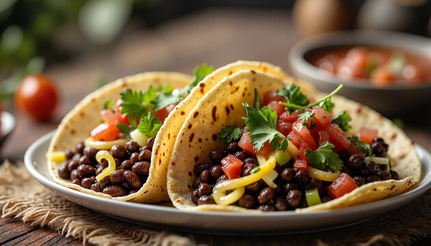 Artisanal black bean tacos with fresh herbs in cozy kitchen, breakfast delight - Powered by Adobe
