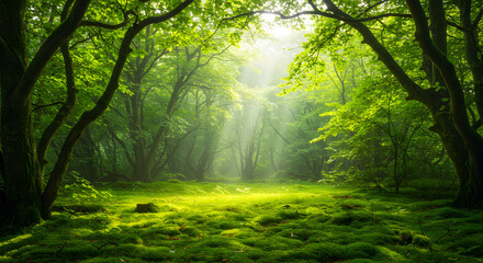 Lush Green Forest Sunlight Streaming through Trees Mossy Ground Peaceful Nature Scene